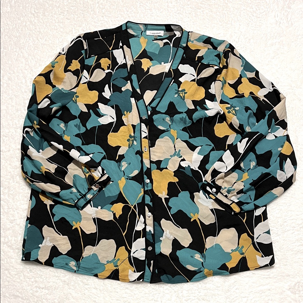 Calvin Klein Teal Multicolor Floral Button Front Long Sleeve Blouse Size XL